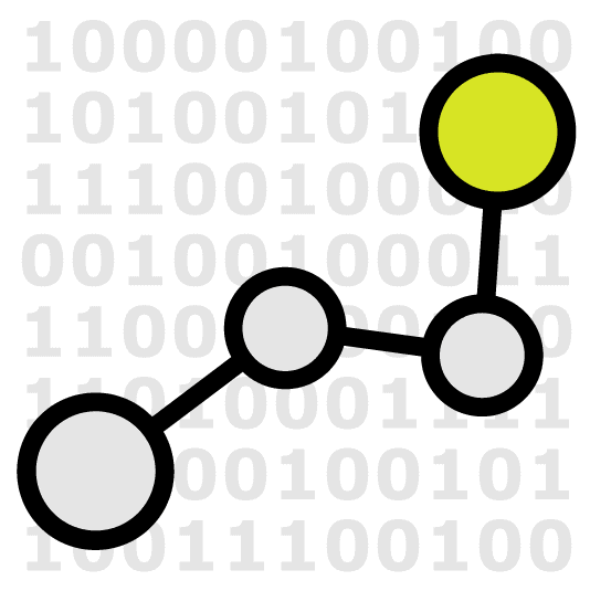 a generic chemical structure colored grey and yellow in front of binary code
