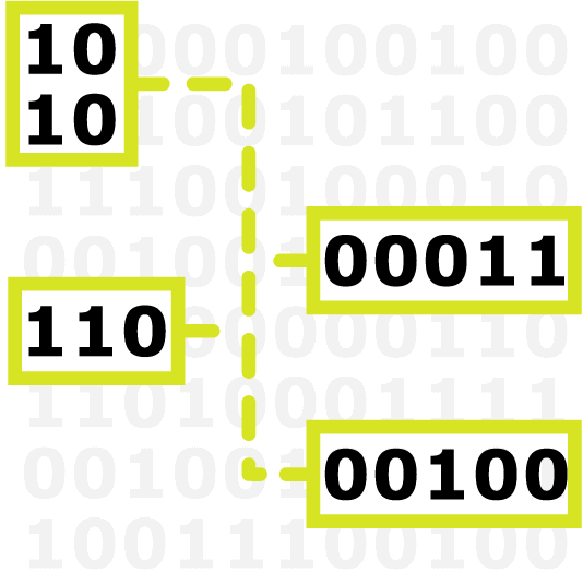 generic binary code sectioned and connected by dotted yellow lines