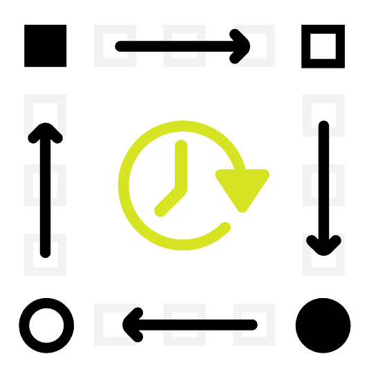 a yellow clock outline surrounded by black arrows, circles and squares